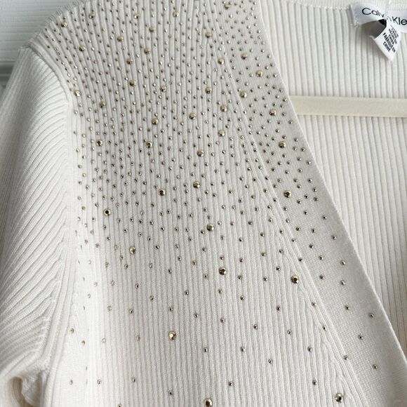 NWT Calvin Klein Cardigan Sweater Womens Sz S Ivory Gold Accents Ribbed-Knit - Picture 4 of 11